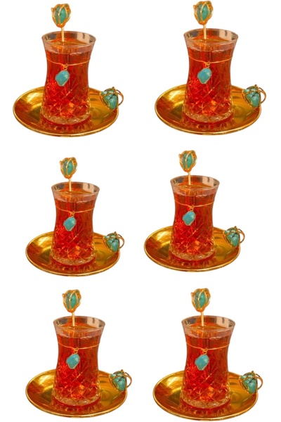 DUKKANI ISTANBUL 6-Piece Copper Tea Set 18 Pieces Turquoise Gold