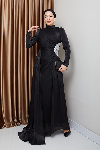 Olcay Silk Hijab Yoryo Abendkleid – Strass- und Kordelzug-Detail, SCHWARZ 1233