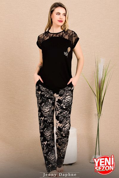 Jenny Daphne Black Floral Print Lace Shoulder Pajamas Set - Short Sleeve 12488