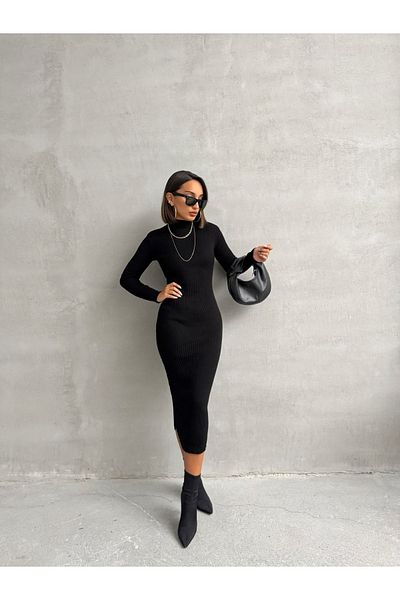 BEJNA Schwarzes Maxi-Strickkleid für Damen – Stehkragen