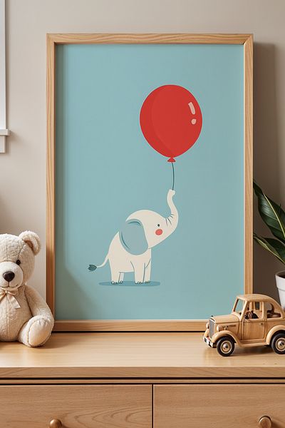 HİGUERA Elefant care ține un balon Pictură murală pentru camera copiilor și camera bebelușului cu cadru din lemn