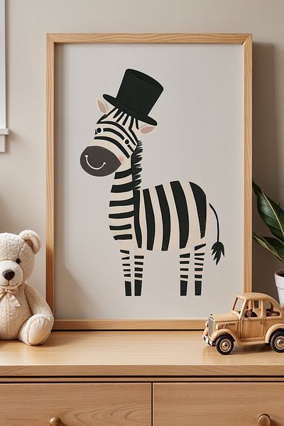 HİGUERA Pictură de perete cu cadru din lemn pentru camera copiilor și bebelușilor Zebra cu pălărie de magician