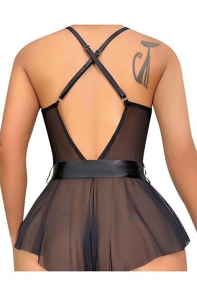 Akbeniz Cămașă de noapte din dantelă pentru femei Fancy Babydoll T001 Negru