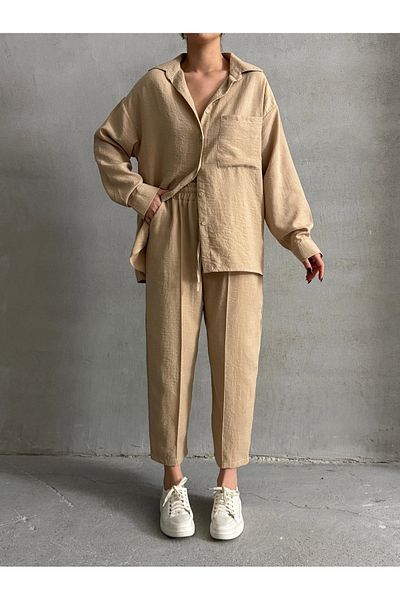 BEJNA Damen-Set aus übergroßem Leinenhemd, Hose, Unterteil und Oberteil