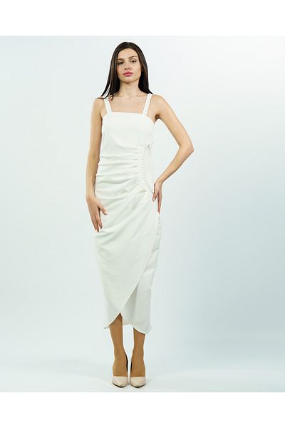 maf collection Γυναικείο βραδινό φόρεμα με λεπτομέρεια με πλισέ λευκό μαργαριτάρι