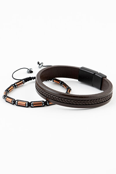 Sortie Aksesuar مجموعة أساور من الجلد الطبيعي والحجر الطبيعي هدية للرجال