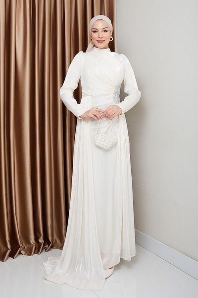 Olcay Yoryo Seiden-Hijab-Abendkleid mit Steinen und Kordelzug-Detail ECRU 1233