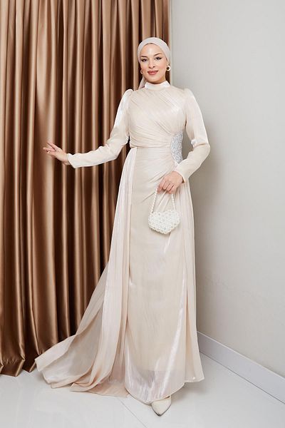 Olcay Hijab-Abendkleid aus Seide – Strass- und Kordelzug-Detail, Yoryo CREAM 1233