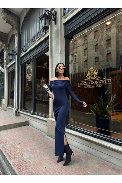 BEJNA Γυναικείο μακρύ φόρεμα με γιακά Madonna Navy Blue