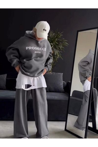 NO 601 Women's Dark Gray Prosecco Printed Oversize Hooded Sweatshirt
