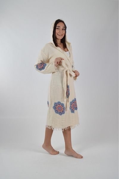 CASPARA Unisex Muslin Cotton Peshtemal - Bathrobe, Inside Ethnic Flower Patterned Beach Kimono Caftan