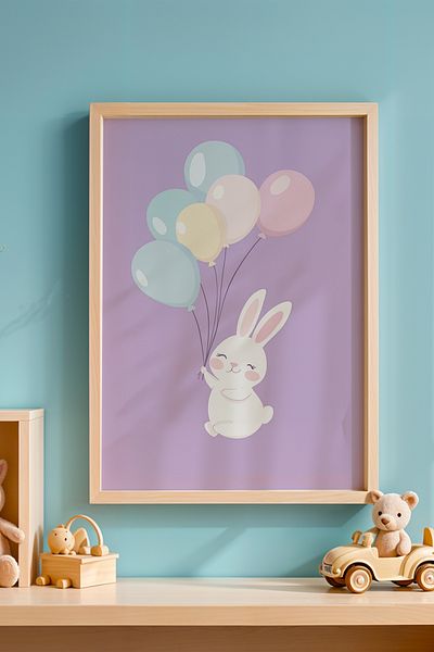 HİGUERA Cameră pentru copii și camera bebelușului care ține un balon pictură murală cu cadru din lemn