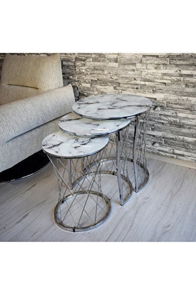 SEDAŞ LIVING UNITS 3' Lü Beyaz Mermer Temperli (Kırılmaz) Cam Nikel (GÜMÜŞ) Metal Sehpa