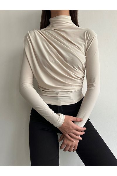 BEJNA Beige Sandy Bluse mit Stehkragen und Kordelzug für Damen