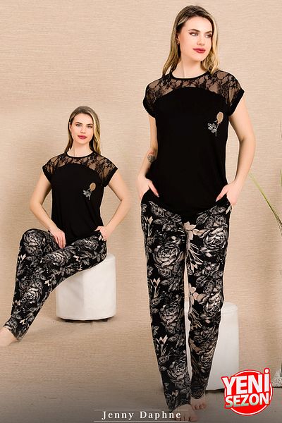 Jenny Daphne Black Floral Print Lace Shoulder Pajamas Set - Short Sleeve 12488