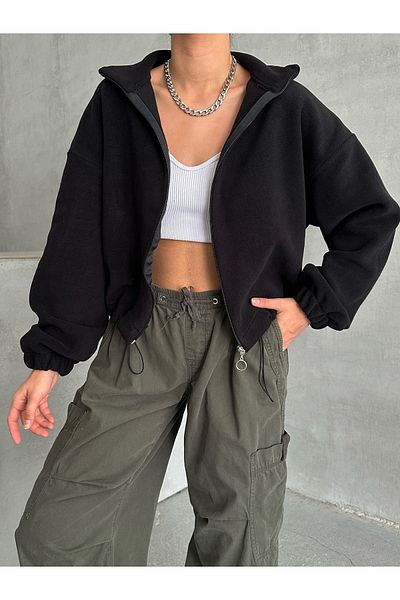 BEJNA Black Women's Fleece Cardigan - Adjustable Elastic and Zippered
