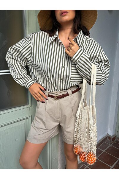 minaaise Γυναικείο βαμβακερό πουκάμισο με ρίγες χακί υπερμεγέθη με λεπτομέρεια τσέπης 29013