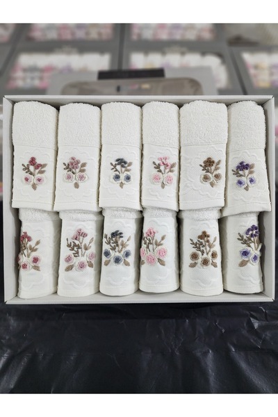 Fiesta Home Handcrafted Embroidered Cream Mother and Daughter Cotton Towel Set 50X90 (6 Pieces) 30X50 (6 Pieces)