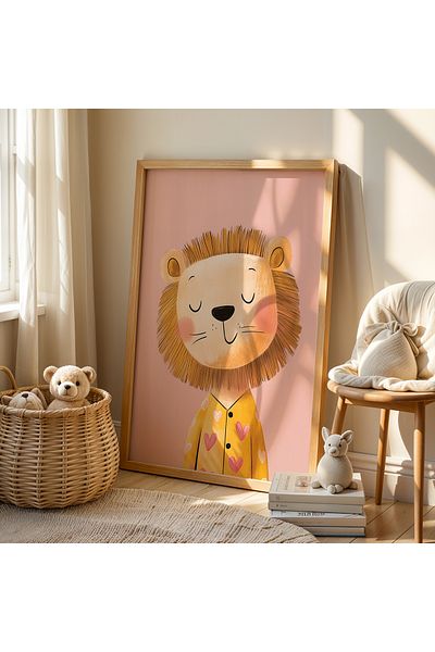 HİGUERA Lion în pijama cu inimă galbenă pentru camera copiilor și camera bebelușului pictură pe perete cu cadru din lemn