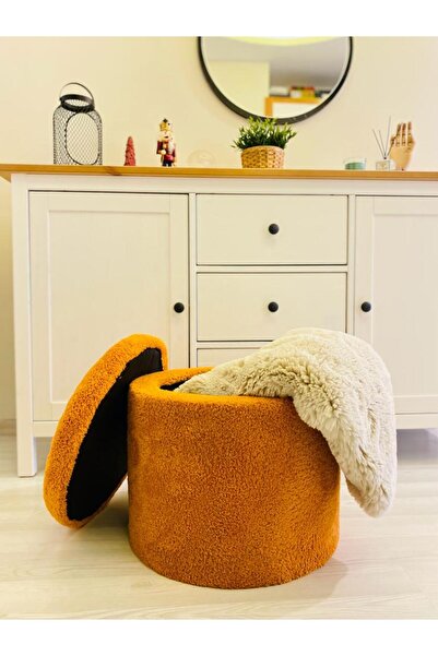 WEBPANYA Handmade X Large Turuncu Tedy Kumaş Sandıklı Silindir Dekoratif Pufidik Puf Bench TTT