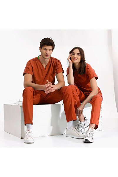 ÇİZGİ Kiremit  Rengi Lüks Likralı Üniforma Takımlar Yüksek Kaliteli Likralı Scrubs