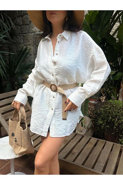 minaaise Women's Ecru Linen Oversize Straw Belt Tunic Shirt 29049