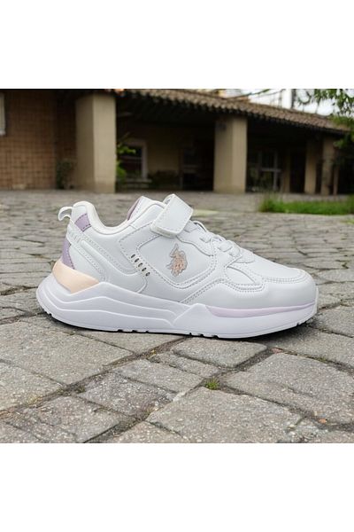 U.S. Polo Assn. Girl's Velcro Sneakers, Thick Sole White Leather Sneakers