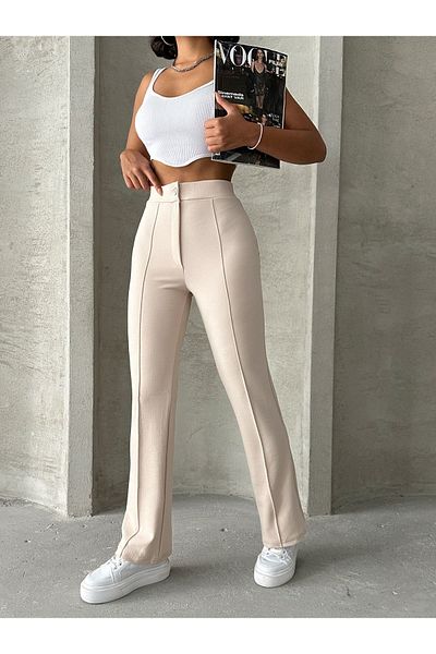 BEJNA Beigefarbene, gerippte Palazzo-Hose für Damen mit hoher Taille – ausgestelltes Bein