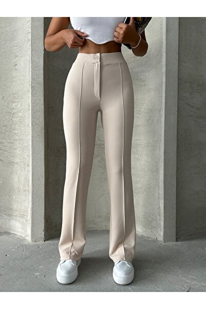 BEJNA Kadın Bej Yüksek Bel Toparlayıcı Nervürlü Ispanyol Paça Palazzo Pantolon