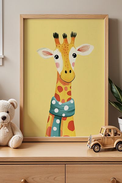 HİGUERA Girafă drăguță în eșarfă albastră pentru camera copiilor și camera bebelușului pictură murală cu cadru din lemn