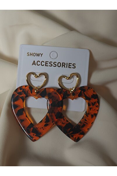 Avcıoğlu Aksesuar أقراط نسائية على شكل قلب من زجاج شبكي بني بنقشة الفهد معدني...