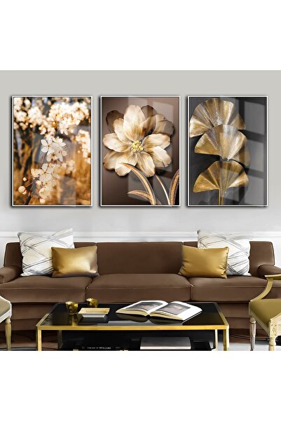 DEKORANLA Kahverengi-gold Şık Çiçek Kombini Kabartmasız Çerçeveli 3'lü Dikey ...