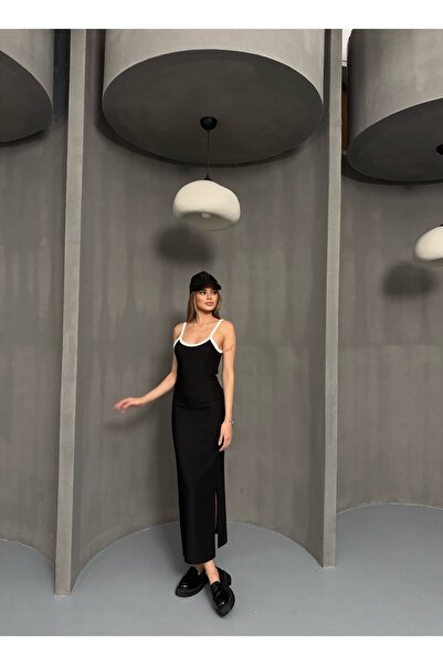 BEJNA Women's Piping Detailed Straps Slit Long Dress