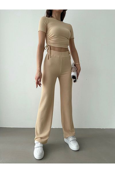 BEJNA Women's Beige Side Adjustable Drawstring Bottom Top Suit