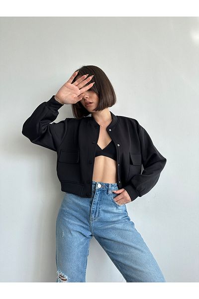BEJNA Women's Black Pocket Detailed Lined Bomber Jacket