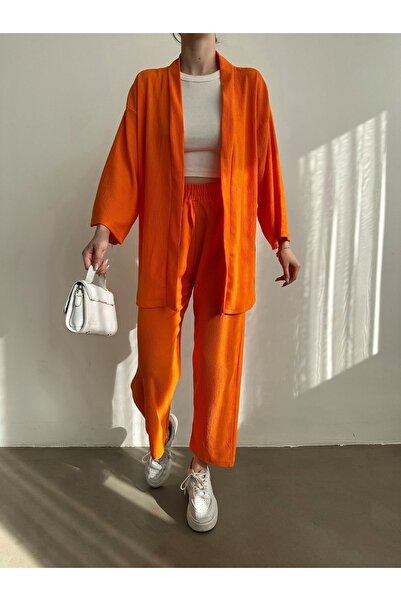 BEJNA Orangefarbenes Kimono-Hosen-Strickset für Damen