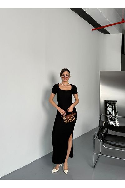BEJNA Women's Black Square Neck Slit Maxi Dress