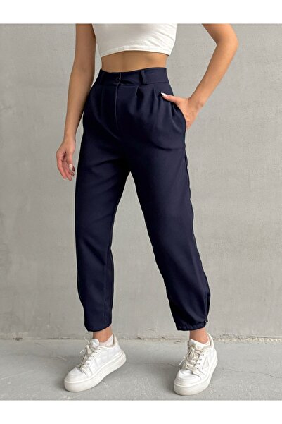 BEJNA Sötétkék női nadrág - redőzött és gombos szár