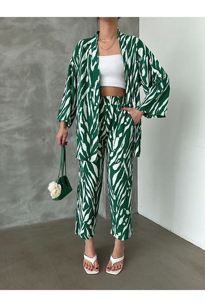 BEJNA Women's Green Patterned Kimono Top and Bottom Set