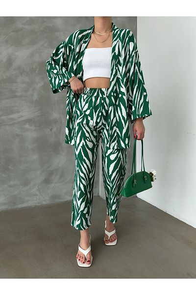 BEJNA Women's Green Patterned Kimono Top and Bottom Set