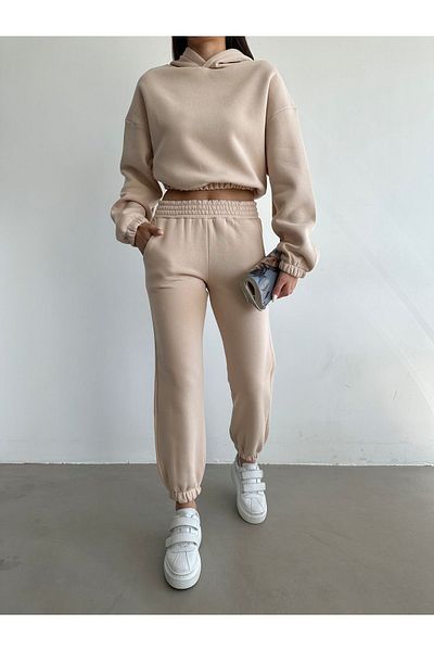BEJNA Beigefarbener Basic-Trainingsanzug für Damen aus Baumwolle mit Fleece-Innenseite