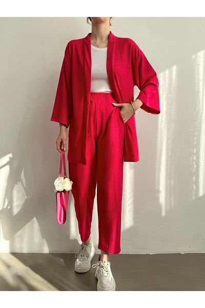 BEJNA Set tricotat pantaloni kimono fucsia damă 