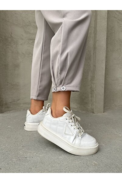 BEJNA Γκρι Πλισέ Γυναικείο Παντελόνι - Μπούτι με κουμπιά