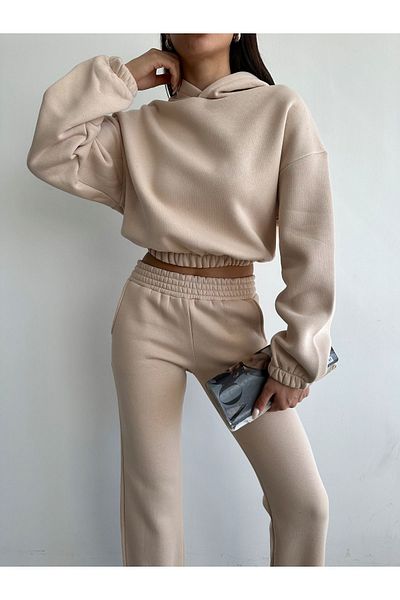 BEJNA Beigefarbener Basic-Trainingsanzug für Damen aus Baumwolle mit Fleece-Innenseite