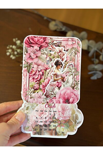 Sticker Ekspres 2026 Ahşap Standlı Pembe Gül Bahçesindeki Kadın Özel Tasarım Takvim / Çiçekli Takvim Hediye