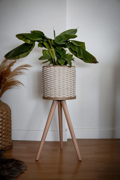Monchi İp Örgü Ahşap Ayaklı Sepet Saksılık çiçeklik 46 Cm Ayak Boyu