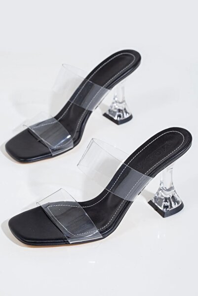 GULT Γυναικείες παντόφλες με λεπτό τακούνι μαύρες διάφανες