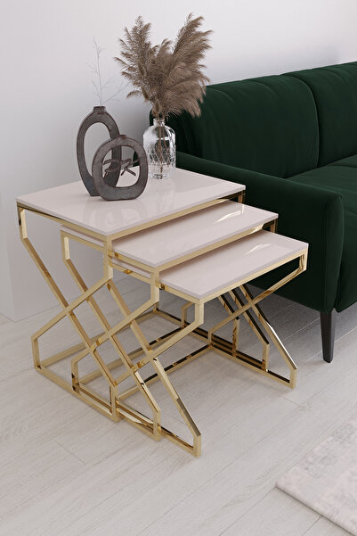 Puklife Alya 3'lü Kare Zigon Sehpa Seti Gold Ayak, Krem Mdf