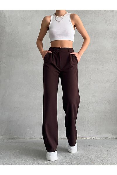BEJNA Braune, plissierte, lockere Palazzo-Hose für Damen