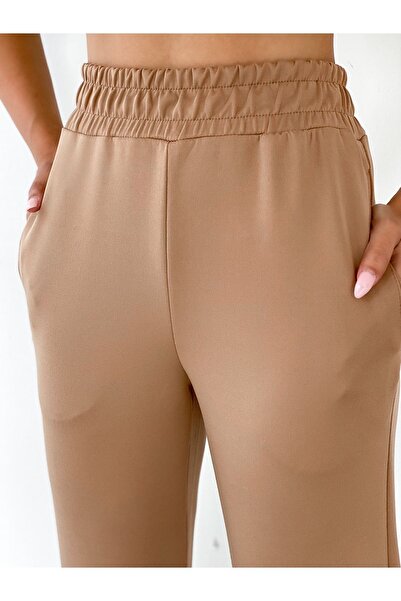 BEJNA Women's Camel High Waist Pleated Trousers